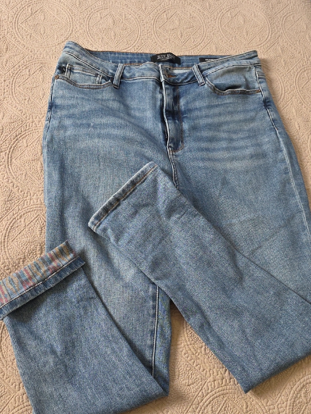 Judy Blue Medium Blue Straight Leg Jeans with Cuffed Stripe Detail (J503)
